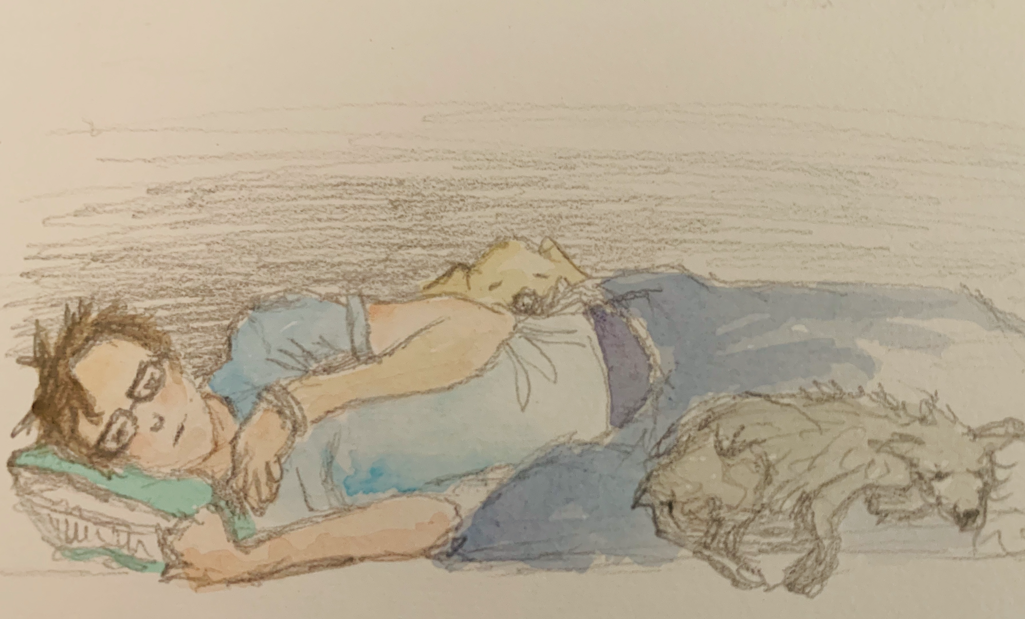 sketch of me lying down with dogs