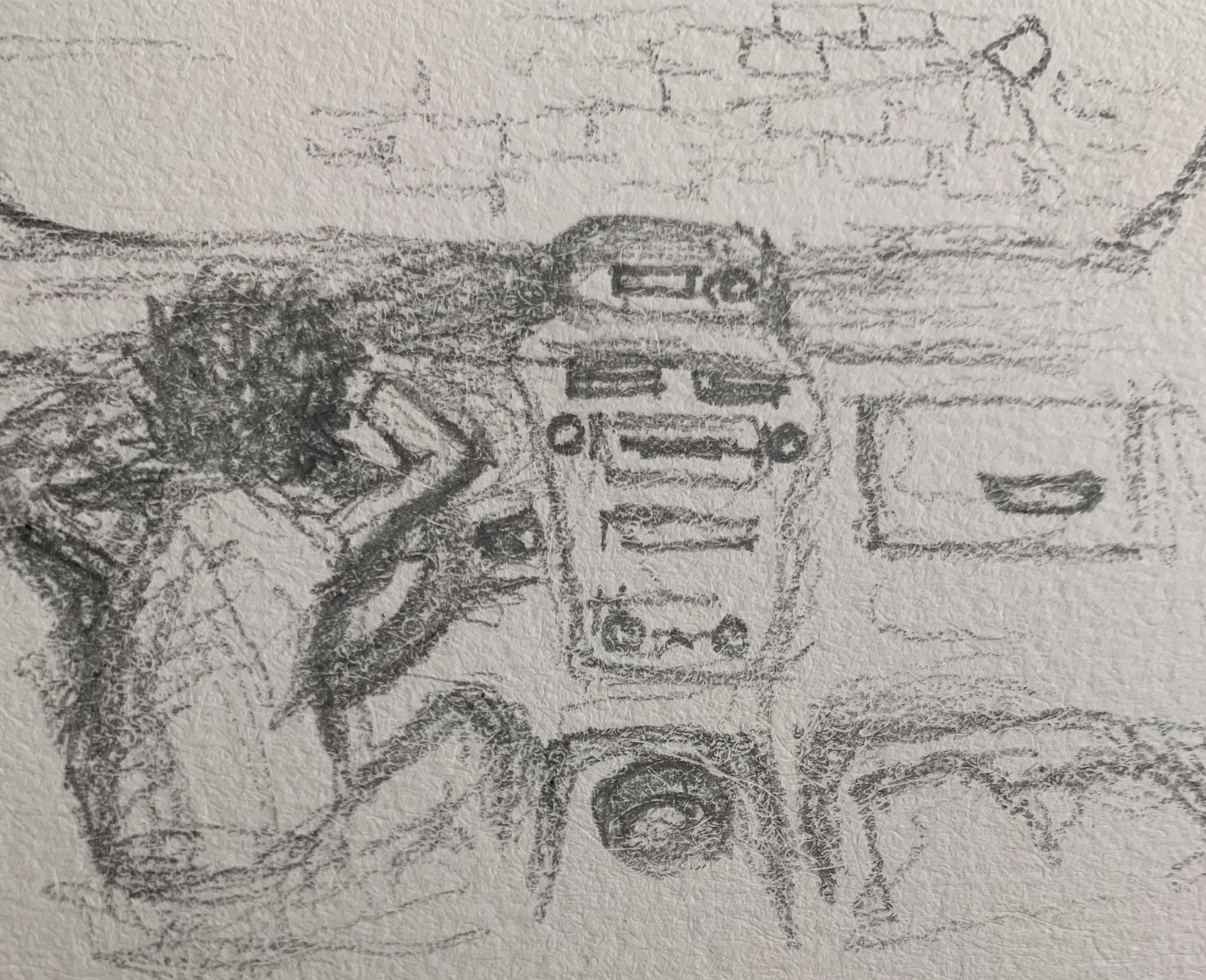 Sketch of me on a steering wheel in the car